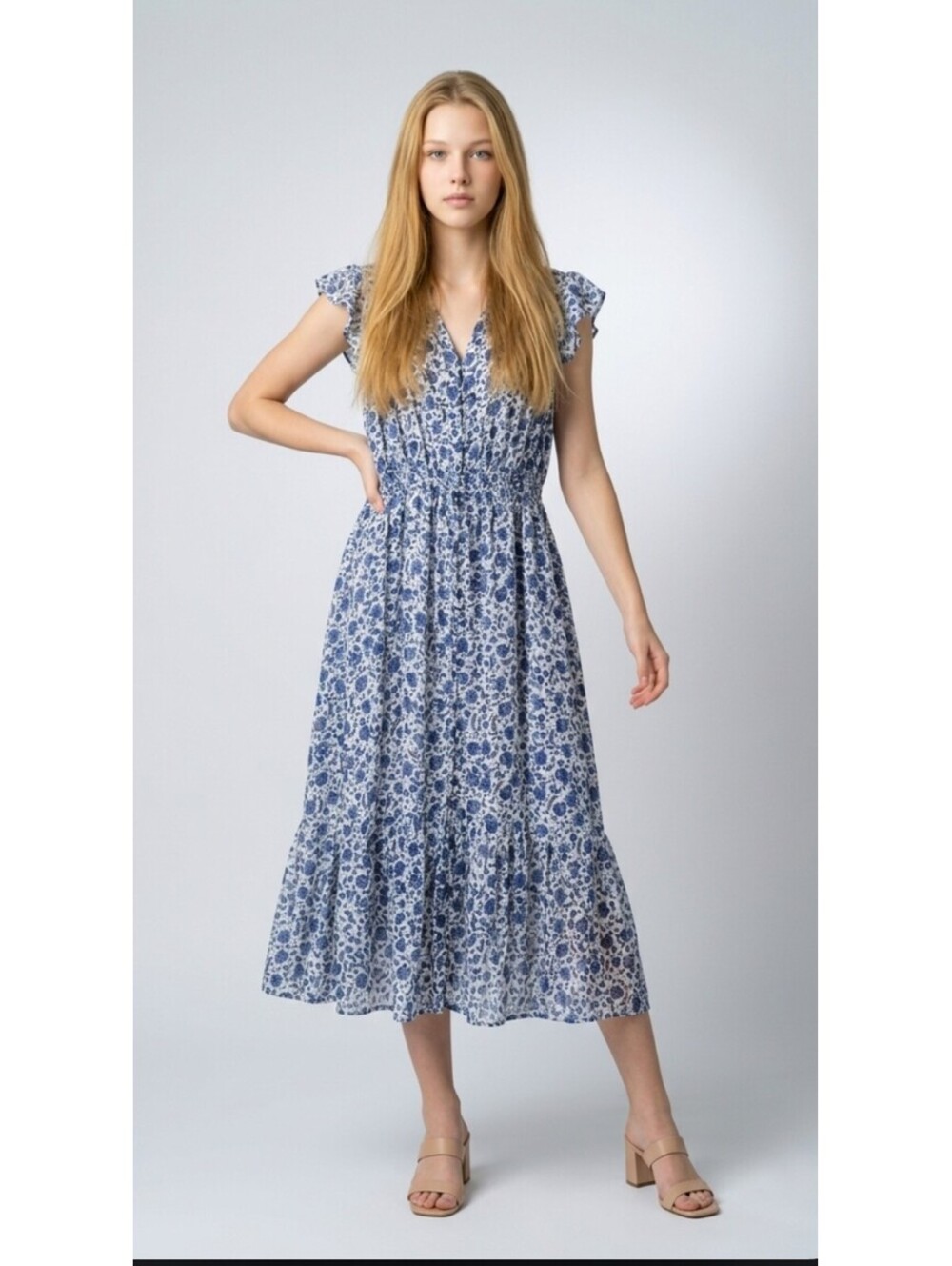 Lucky Brand Blue Floral Midi Dress XL